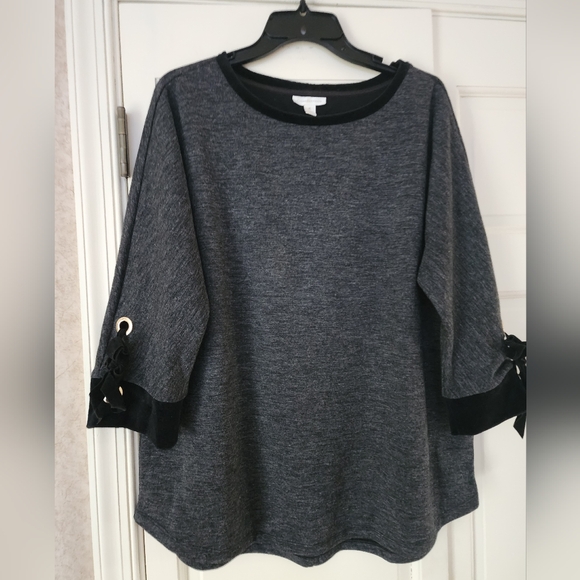 Charter Club Women's Cotton Velvet-Trim Lace-Up Top Deep Black Size Xl - Picture 3 of 6